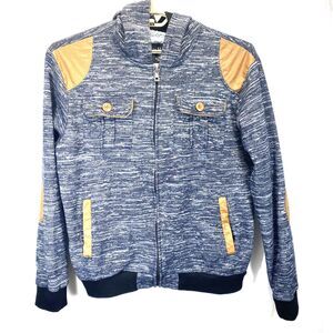 Lee Han Ton Men 2X Full Zip Hooded Faux Leather Patch Details Sweatshirt Vintage
